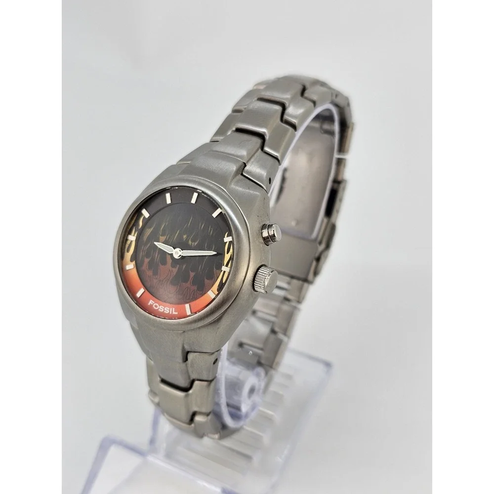 Fossil Big Tic Women Watch 32MM Animated Flames Dial Gray Band 7.25